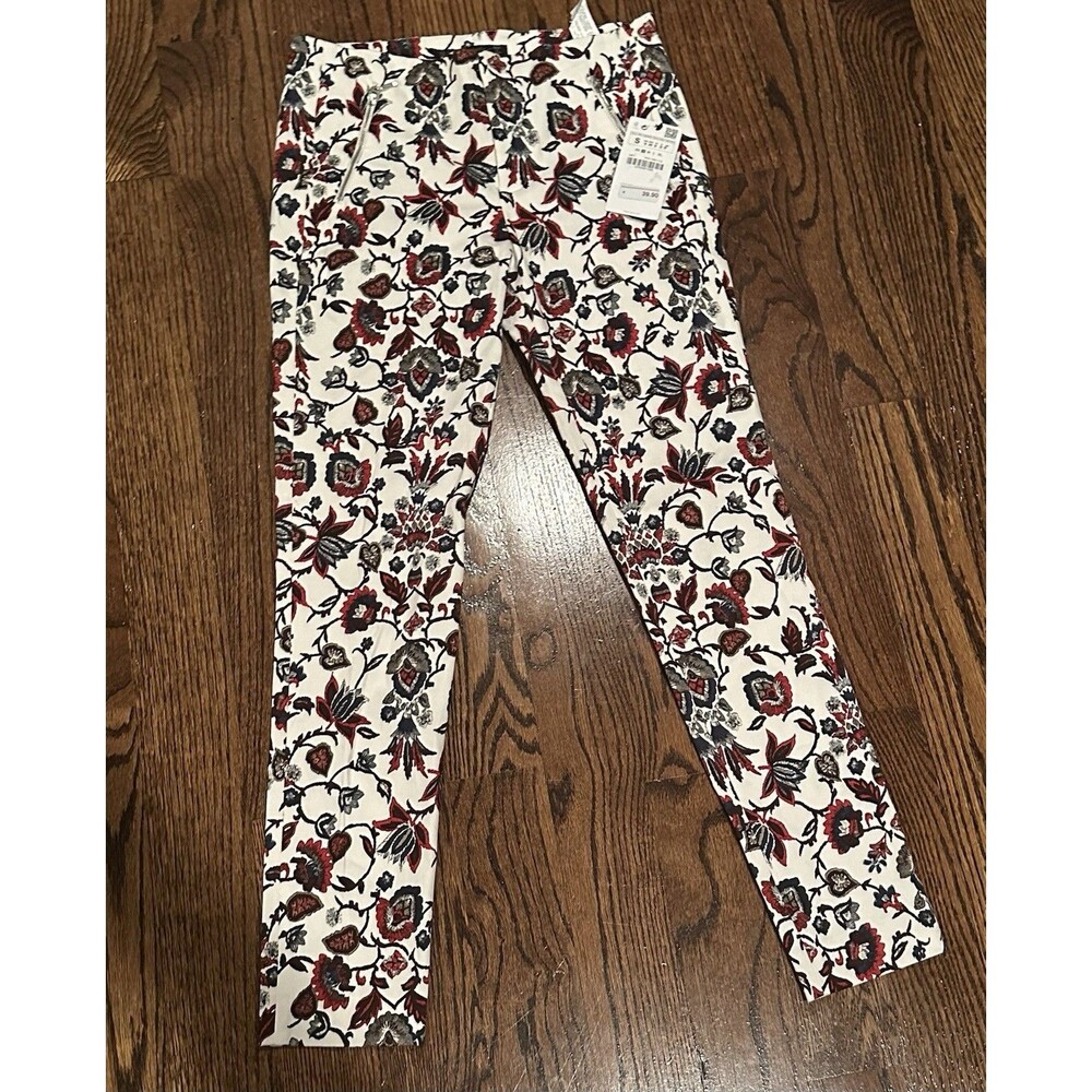 NWT ZARA BASIC Ankle Cropped Off White Multicolored Floral Pants Sz Small